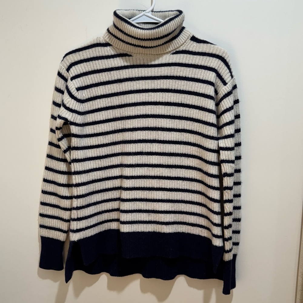 J.Crew Striped Wool Blend Turtleneck Sweater Navy‎ Cream Size S Blue and White
